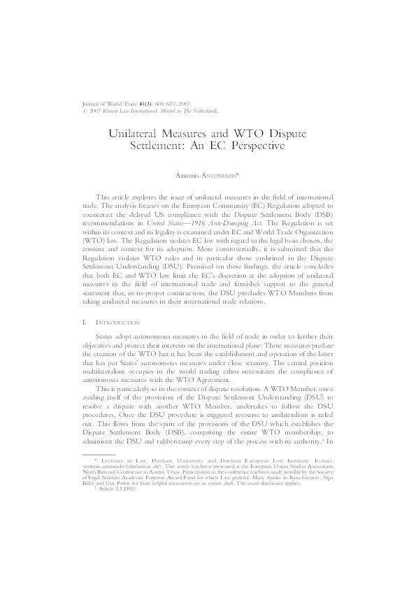 Unilateral measures and WTO dispute settlement: An EC Perspective Thumbnail