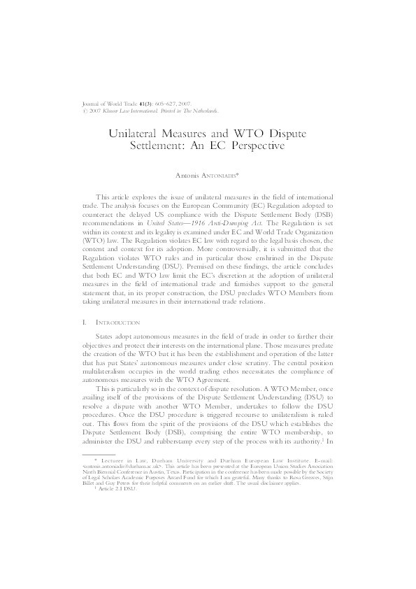 Unilateral measures and WTO dispute settlement: An EC Perspective Thumbnail