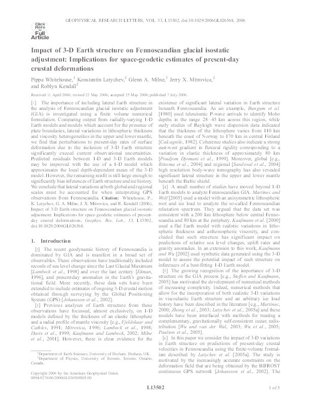 Impact of 3-D Earth structure on Fennoscandian glacial isostatic adjustment: Implications for space-geodetic estimates of present-day crustal deformations Thumbnail