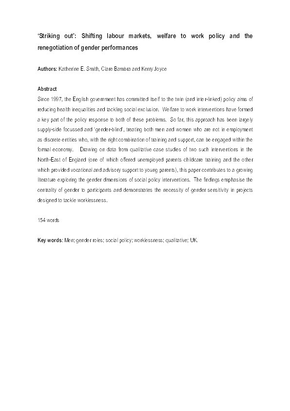 Striking out’: Shifting labour markets, welfare to work policy and the renegotiation of gender performances Thumbnail