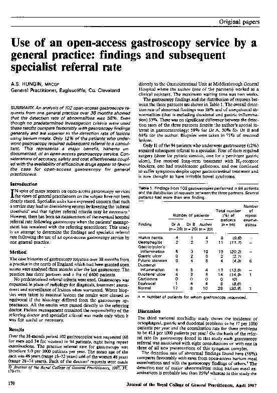 Use of an open-access gastroscopy service by a general practice: findings and subsequent specialist referral rate Thumbnail