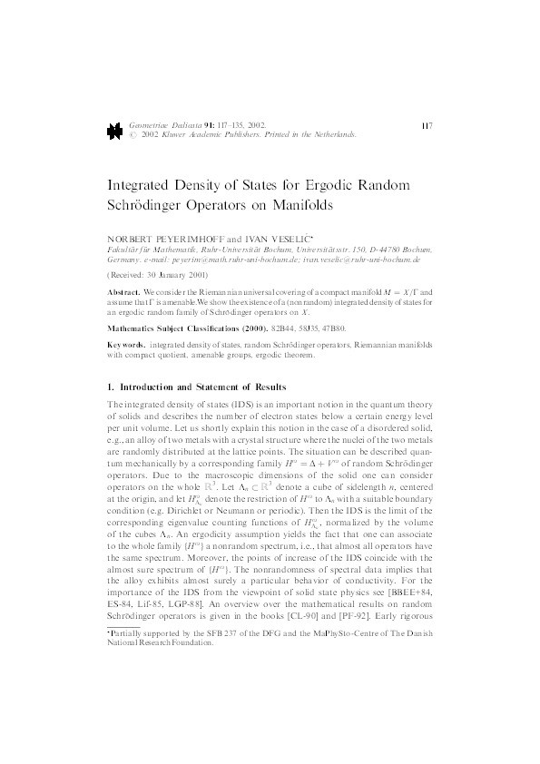 Integrated density of states for ergodic random Schrödinger operators on manifolds Thumbnail