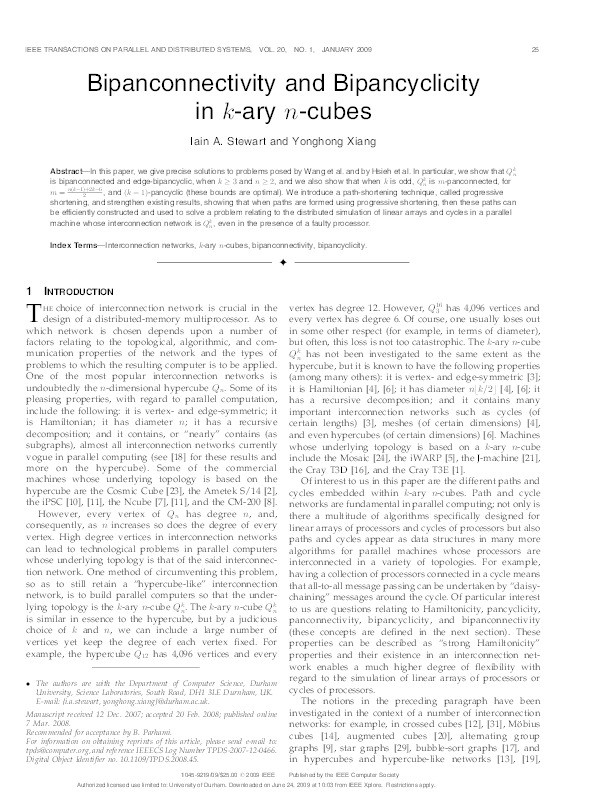 Bipanconnectivity and bipancyclicity in k-ary n-cubes Thumbnail