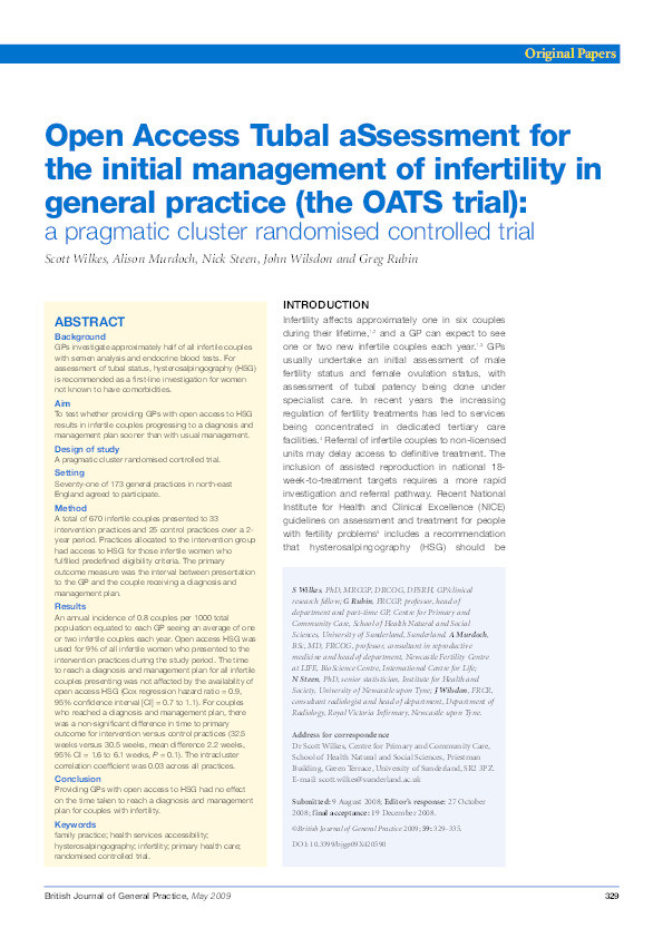 Open access tubal assessment for the initial management of infertility in general practice (the OATS trial): a pragmatic cluster randomised controlled trial Thumbnail