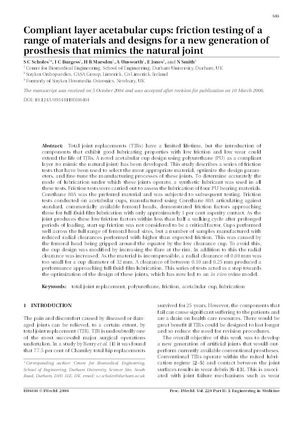 Compliant layer acetabular cups: friction testing of a range of materials and designs for a new generation of prosthesis which mimics the natural joint Thumbnail