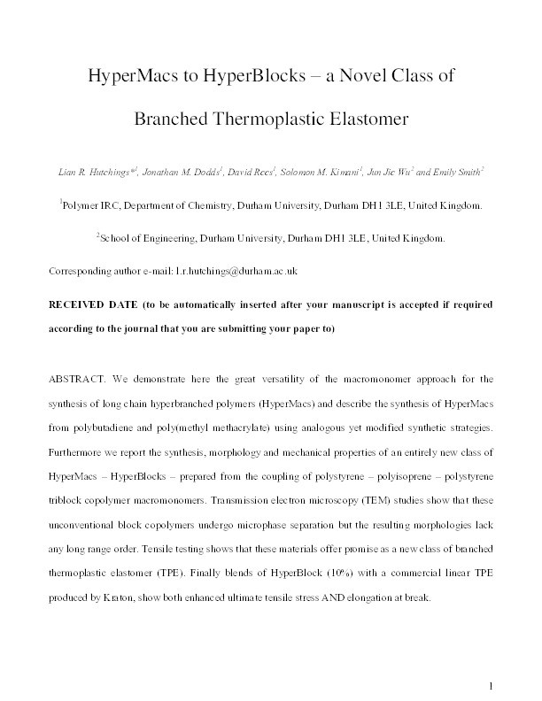 HyperMacs to HyperBlocks: A Novel Class of Branched Thermoplastic Elastomer Thumbnail