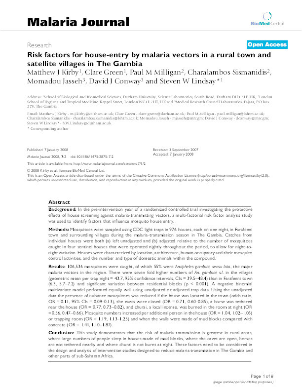 Risk factors for house-entry by malaria vectors in a rural town and satellite villages in The Gambia Thumbnail