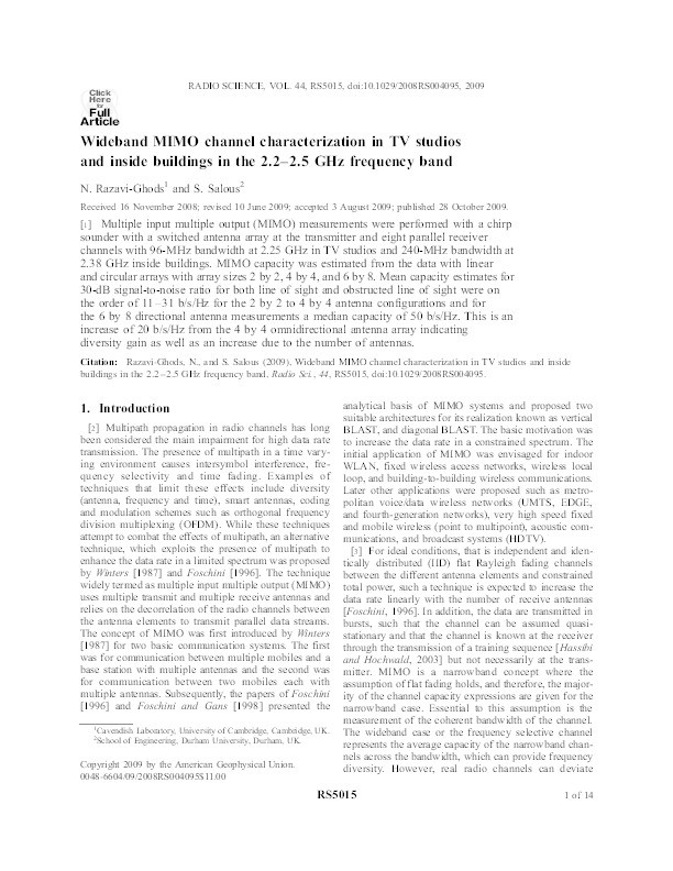 Wideband MIMO channel characterization in TV studios and inside buildings in the 2.2–2.5 GHz frequency band Thumbnail