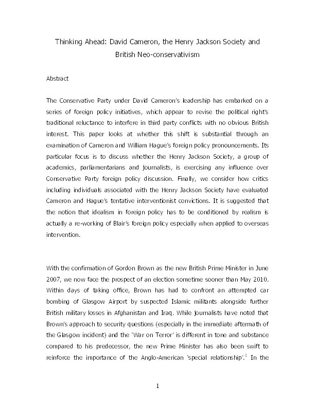 Thinking Ahead: David Cameron, the Henry Jackson Society and the British Neoconservatives Thumbnail