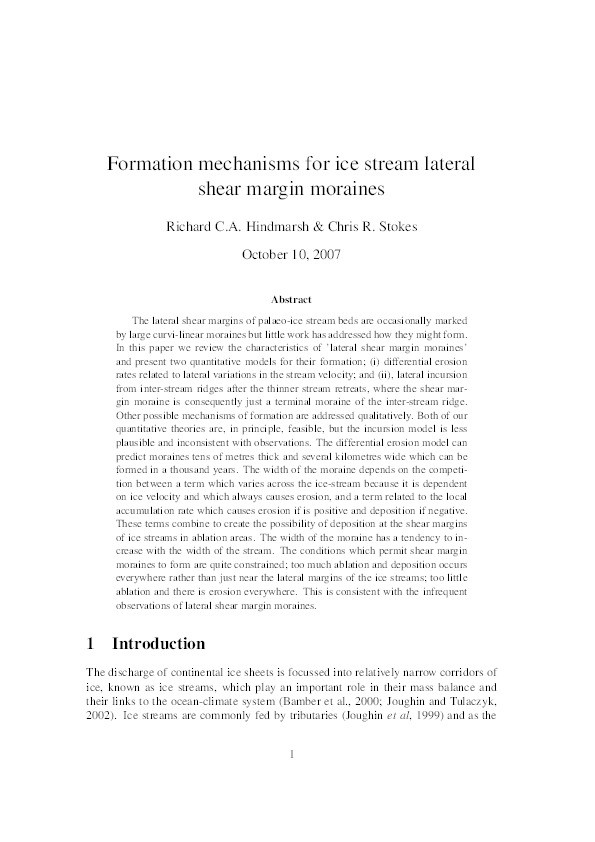 Formation mechanisms for ice-stream shear margin moraines Thumbnail