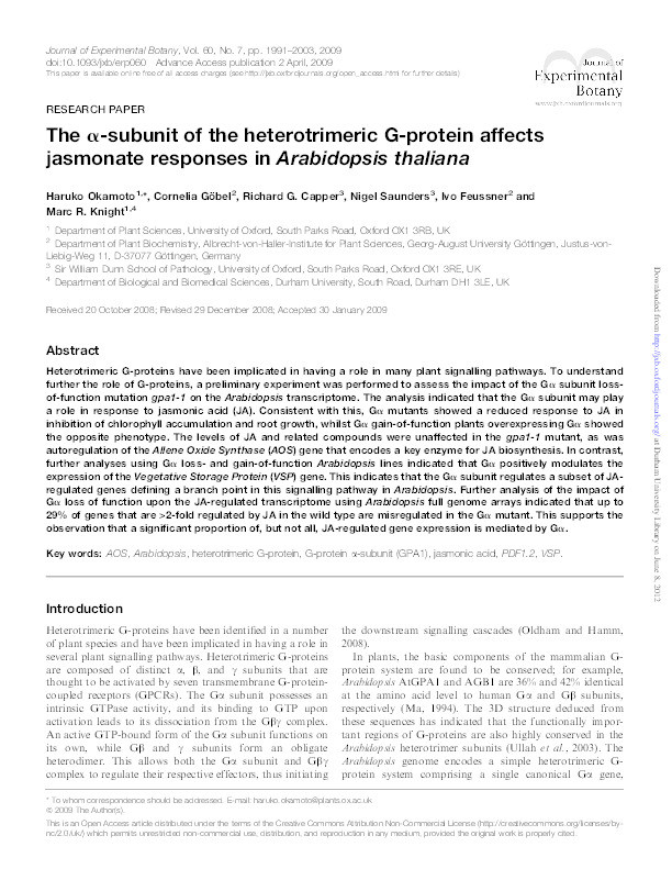 The alpha-subunit of the heterotrimeric G-protein affects jasmonate responses in Arabidopsis thaliana Thumbnail