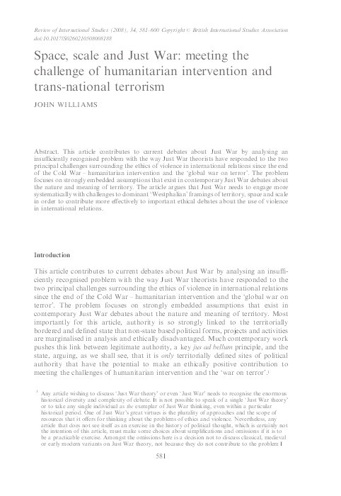 Space, Scale and Just War: meeting the challenge of humanitarian intervention and transnational terrorism Thumbnail