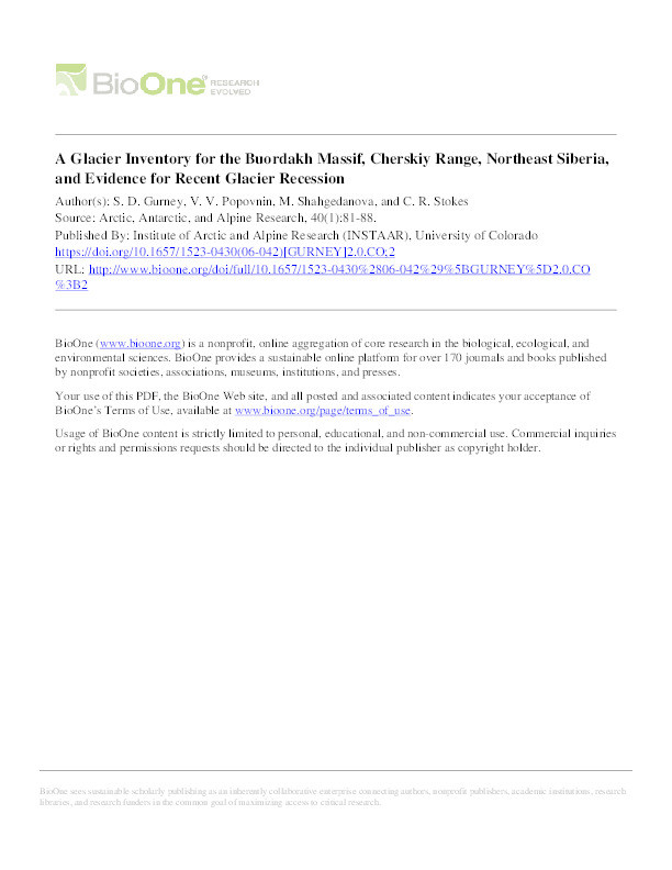 A glacier inventory for the Buordakh Massif, Cherskiy Range, Northeast Siberia, and evidence for recent glacier recession Thumbnail