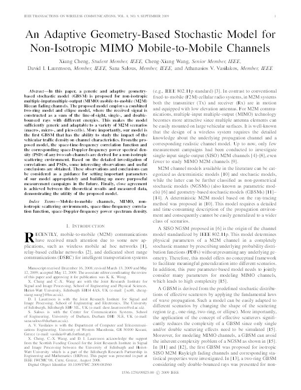 An adaptive geometry-based stochastic model for non-isotropic MIMO mobile-to-mobile channels Thumbnail