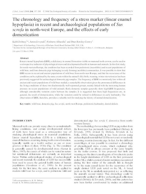 The chronology and frequency of a stress marker (linear enamel hypoplasia) in recent and archaeological populations of Sus scrofa in north-west Europe, and the effects of early domestication Thumbnail