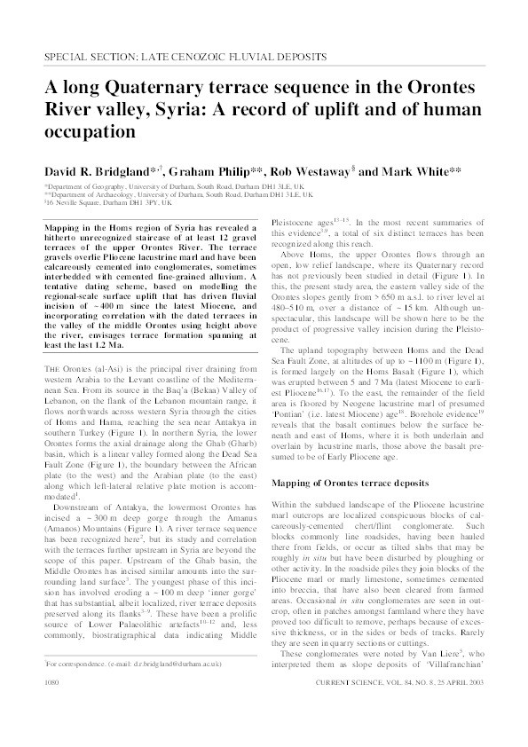 A long Quaternary terrace sequence in the Orontes River valley, Syria: a record of uplift and of human occupation Thumbnail