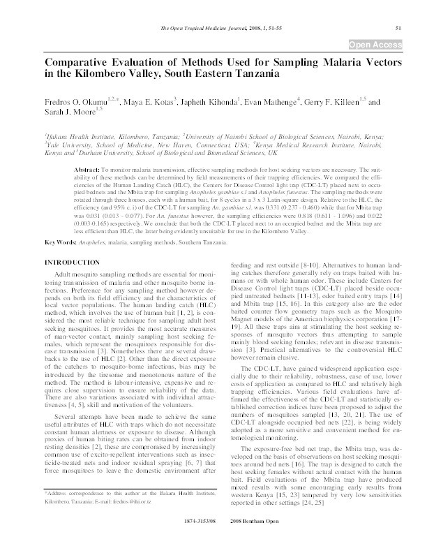 Comparative evaluation of methods used for sampling malaria vectors in the Kilombero Valley, South Eastern Tanzania Thumbnail