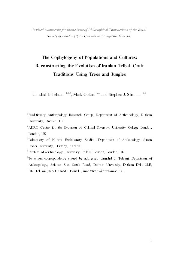 The cophylogeny of populations and cultures: reconstructing the evolution of Iranian tribal craft traditions using trees and jungles Thumbnail