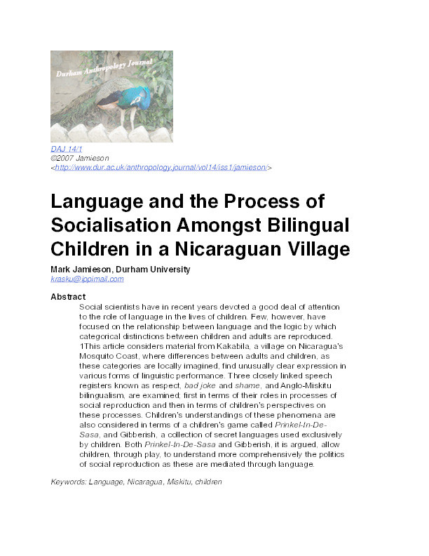 Language and the process of socialisation amongst bilingual children in a Nicaraguan village Thumbnail