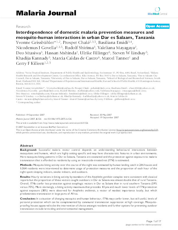 Interdependence of domestic malaria prevention measures and mosquito-human interactions in urban Dar es Salaam, Tanzania Thumbnail