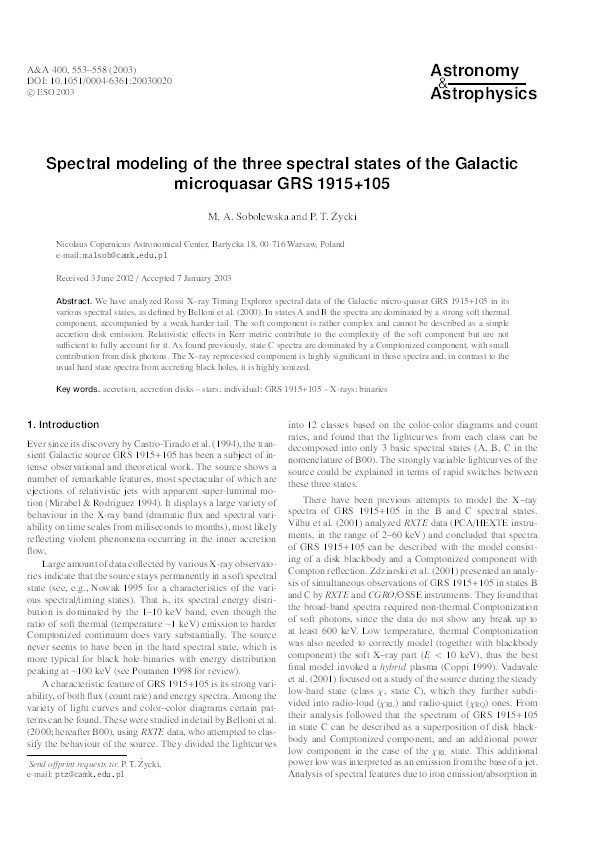 Spectral modeling of the three spectral states of the galactic microquasar GRS 1915+105 Thumbnail