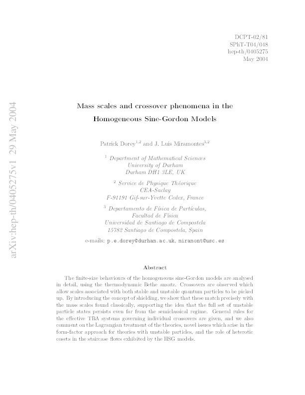 Mass scales and crossover phenomena in the homogeneous sine-Gordon models Thumbnail