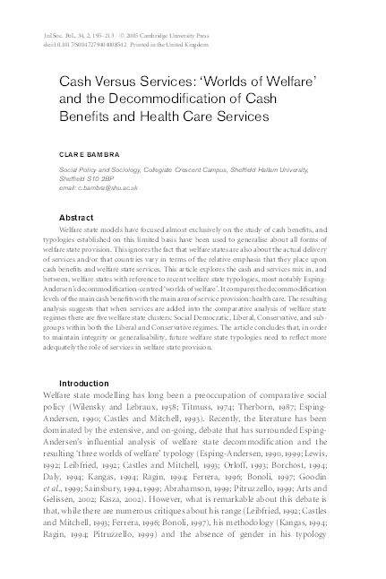 Cash versus services: 'worlds of welfare' and the decommodification of cash benefits and health care services Thumbnail