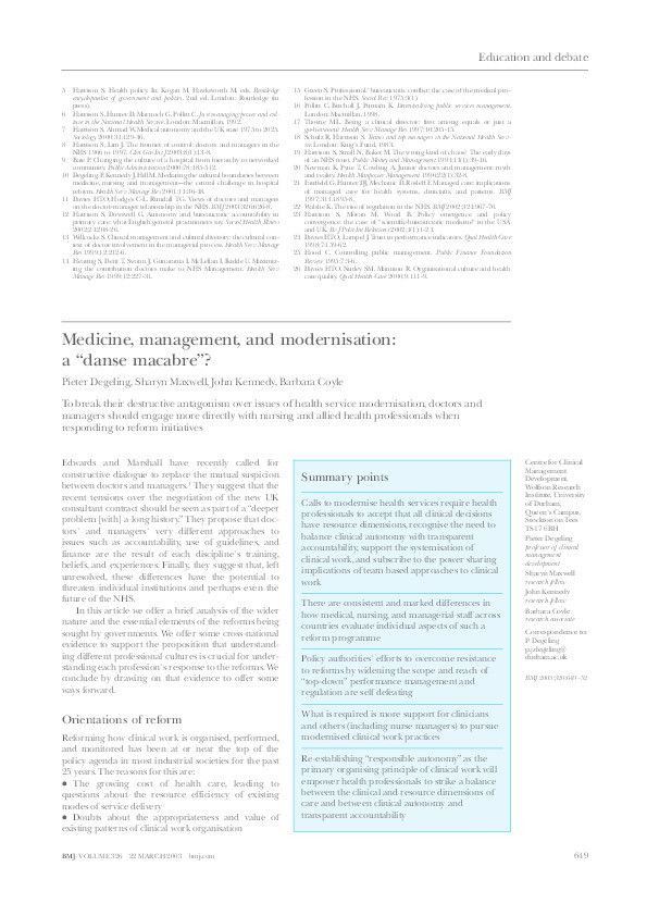 Medicine, management, and modernisation: a “danse macabre”? Thumbnail