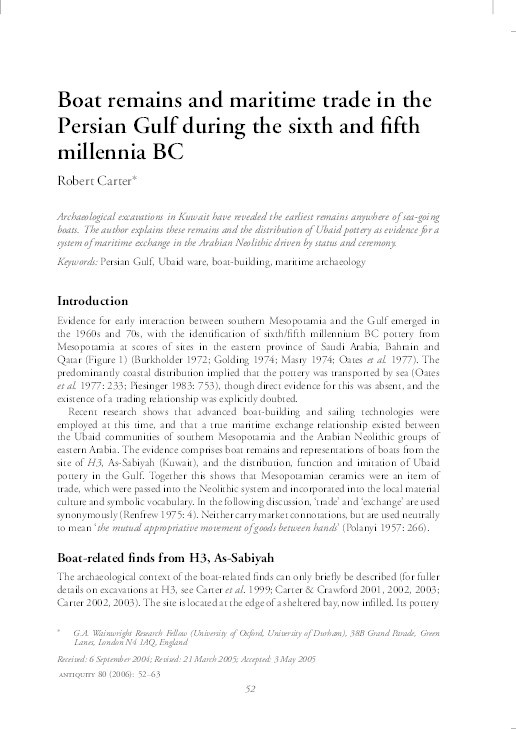 Boat Remains and Maritime Trade in the Persian Gulf during sixth and fifth Millennia BC Thumbnail