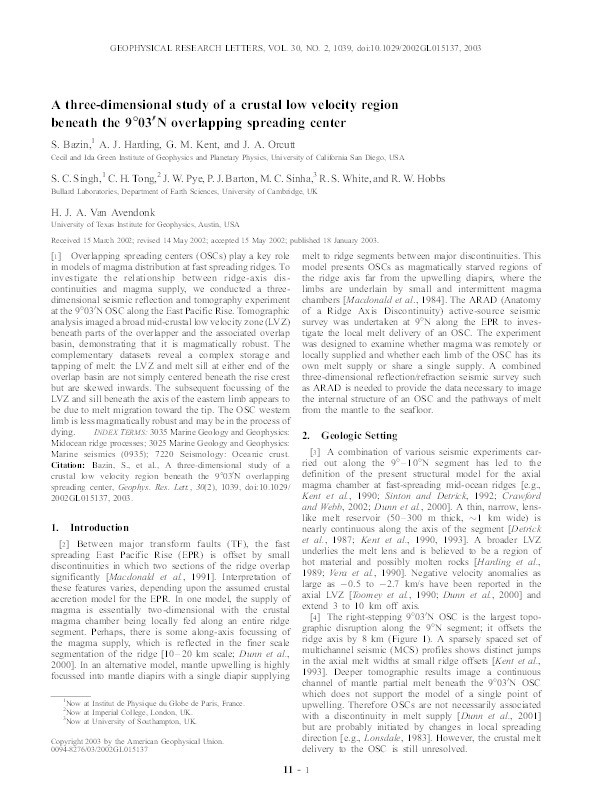 A three-dimensional study of a crustal low velocity region beneath the 9°03′N overlapping spreading center Thumbnail