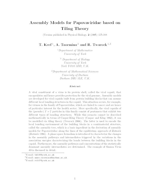 Assembly models for Papovaviridae based on tiling theory Thumbnail