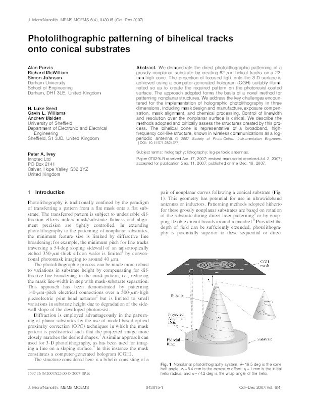 Photolithographic Patterning of Bi-Helical Tracks onto Conical Substrates Thumbnail