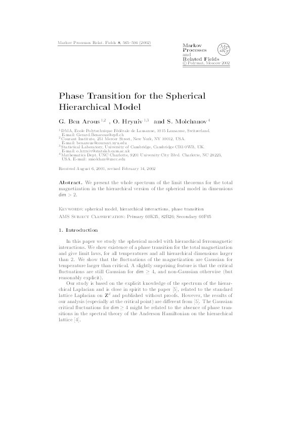 Phase transition for the spherical hierarchical model Thumbnail