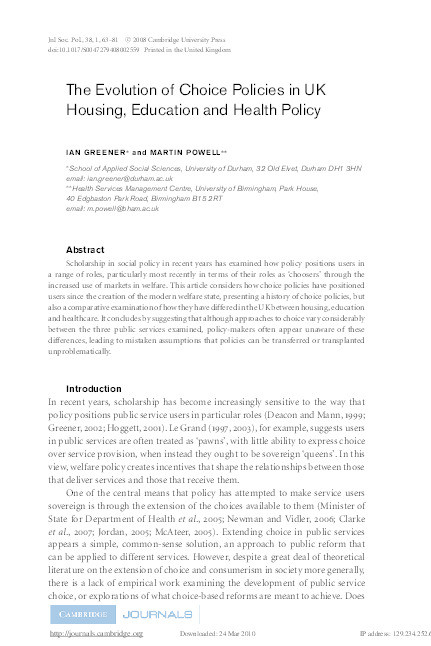 The evolution of choice policies in UK housing, education and health policy Thumbnail