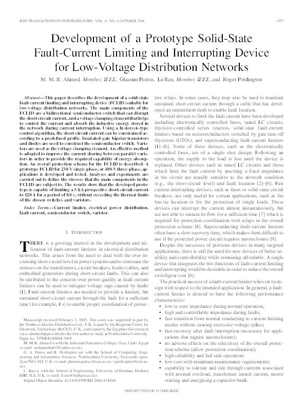 Development of a prototype solid state fault current limiting and interrupting device for low voltage distribution networks Thumbnail