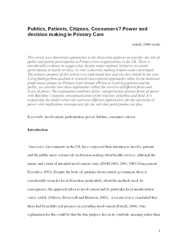 Publics, Patients, Citizens, Consumers? Power and Decision making in Primary Health Care Thumbnail