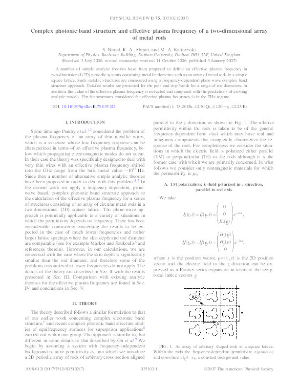 Complex photonic band structure and effective plasma frequency of a two-dimensional array of metal rods Thumbnail