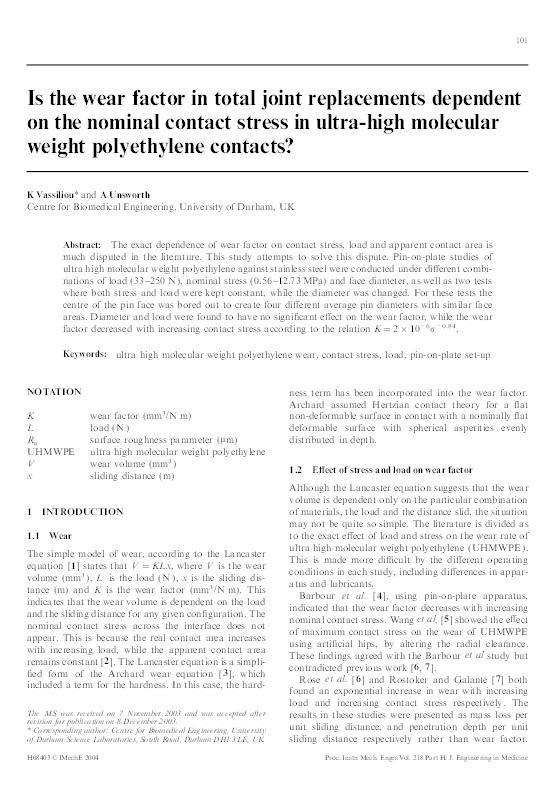 Is the wear factor in total joint replacements dependent on the nominal contact stress in ultra-high molecular weight polyethylene contacts? Thumbnail