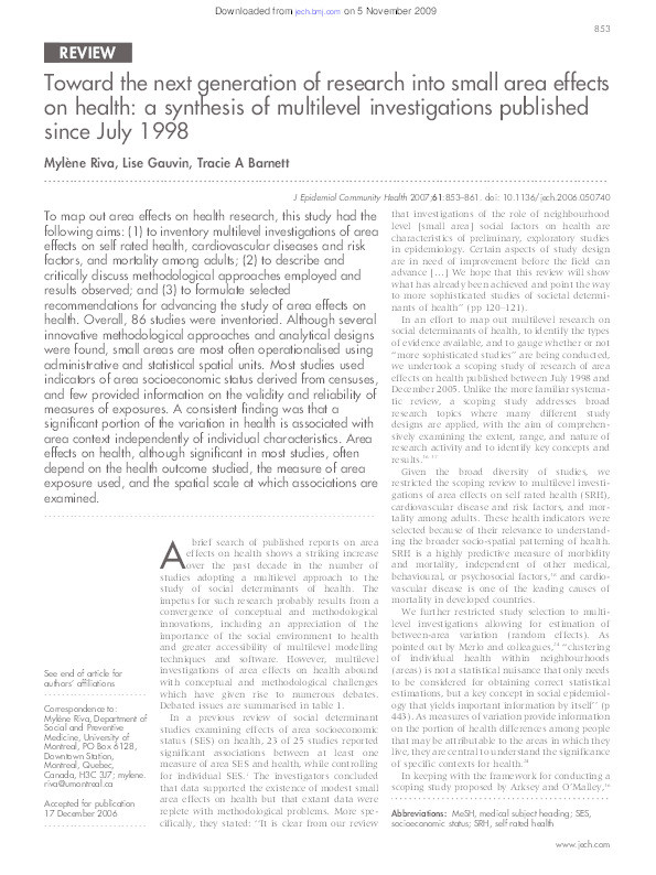 Toward the next generation of research into small area effects on health: a synthesis of multilevel investigations published since July 1998 Thumbnail