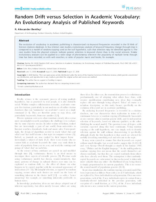 Random drift versus selection in academic vocabulary: an evolutionary analysis of published keywords Thumbnail