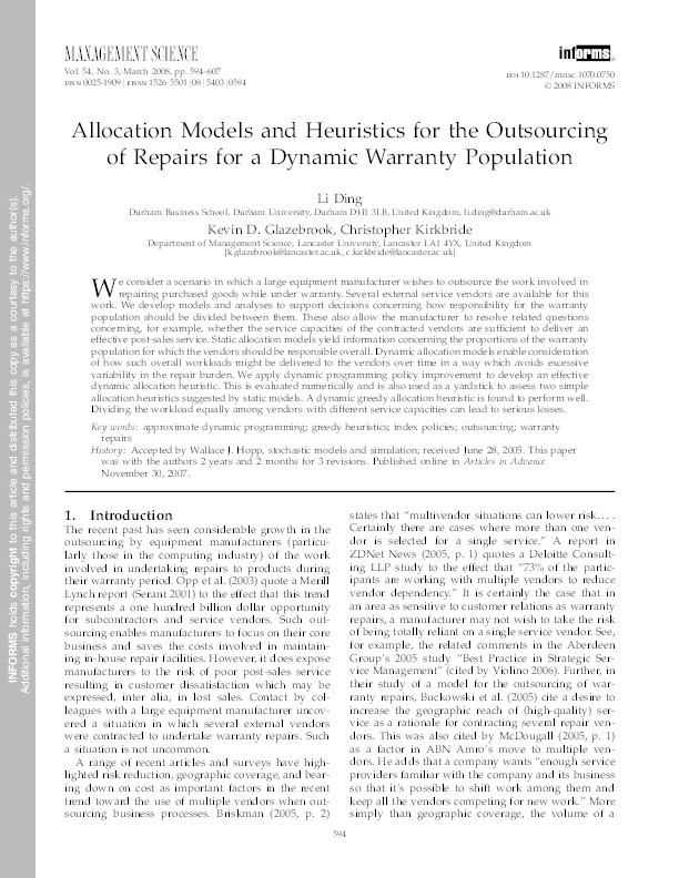 Allocation Models and Heuristics for the Outsourcing of Repairs for a Dynamic Warranty Population Thumbnail