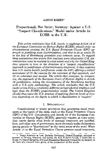 Proportional, Not Strict, Scrutiny: Against a U.S. Suspect Classifications Model under Article 14 ECHR in the U.K Thumbnail