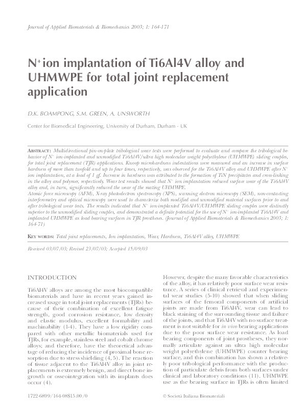 N+ ion implantation of Ti6Al4V alloy and UHMWPE for total joint replacement application Thumbnail