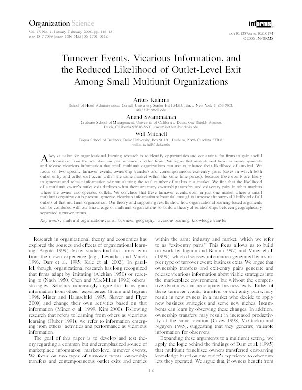 Turnover events, vicarious information, and the reduced likelihood of outlet-level exit among small multiunit organizations Thumbnail
