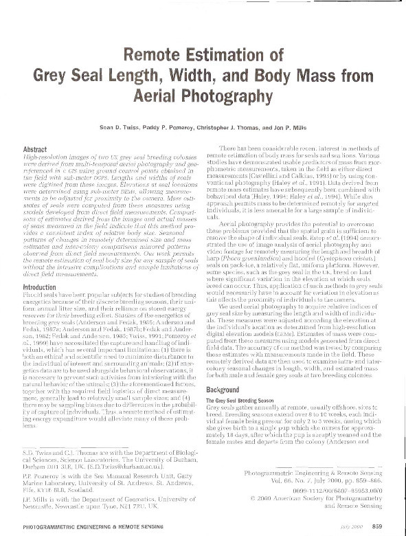 Remote estimation of grey seal length, width and body mass from aerial photography Thumbnail