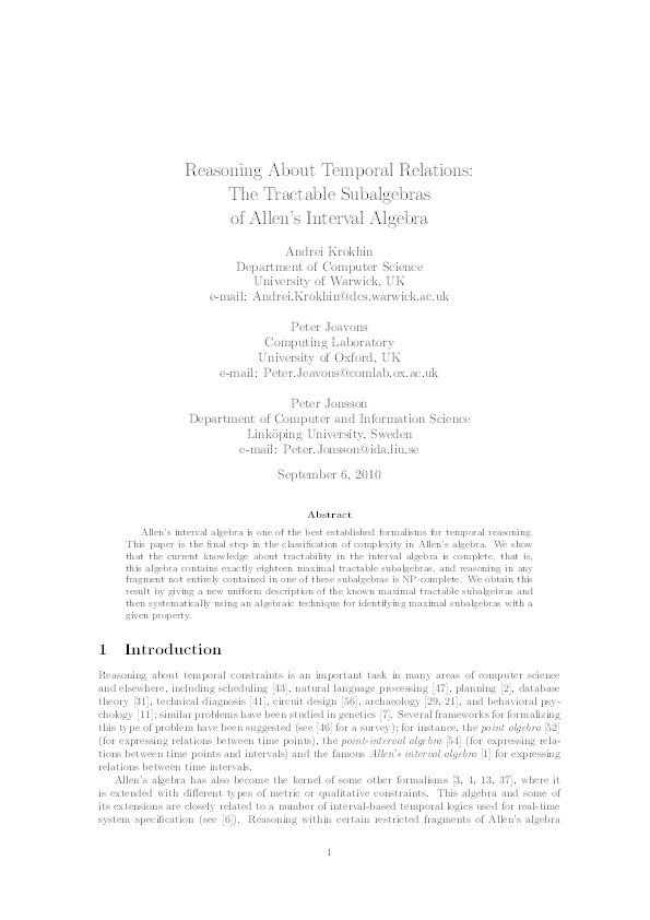 Reasoning about temporal relations : the maximal tractable subalgebras of Allen's interval algebra Thumbnail