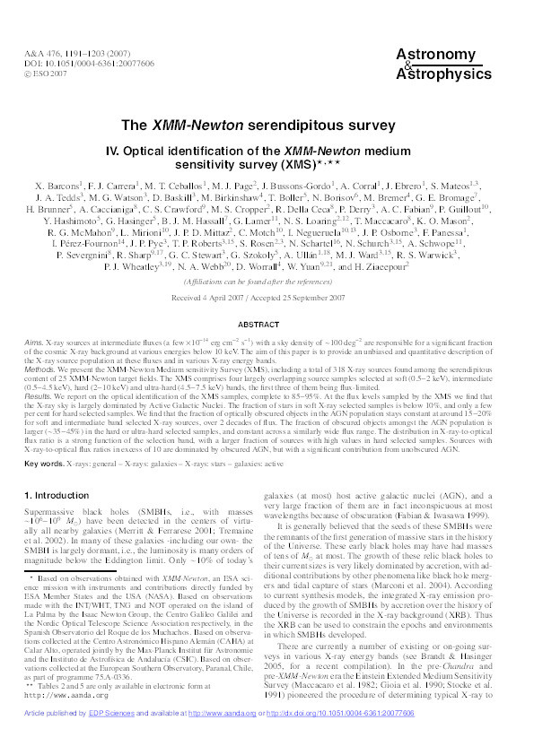 The XMM-Newton serendipitous survey. IV. Optical identification of the XMM-Newton medium sensitivity survey (XMS) Thumbnail
