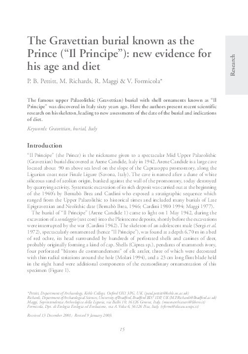 The Gravettian burial known as the Prince (‘Il Principe’): new evidence for his age and diet Thumbnail