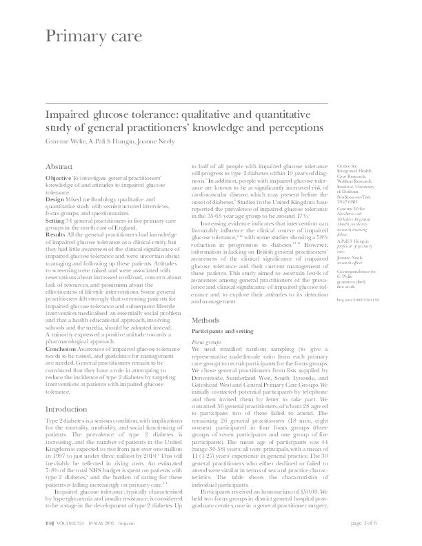 Impaired glucose tolerance: qualitative and quantitative study of general practitioners' knowledge and perceptions Thumbnail