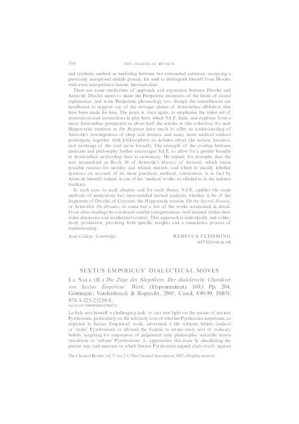 Sextus Empiricus’ Dialectical Moves: Review of R. La Sala, Die Züge des Skeptikers: Die dialektische Charakter von Sextus Empiricus’ Werk (Göttingen: Vandenhoeck & Ruprecht, 2005) Thumbnail
